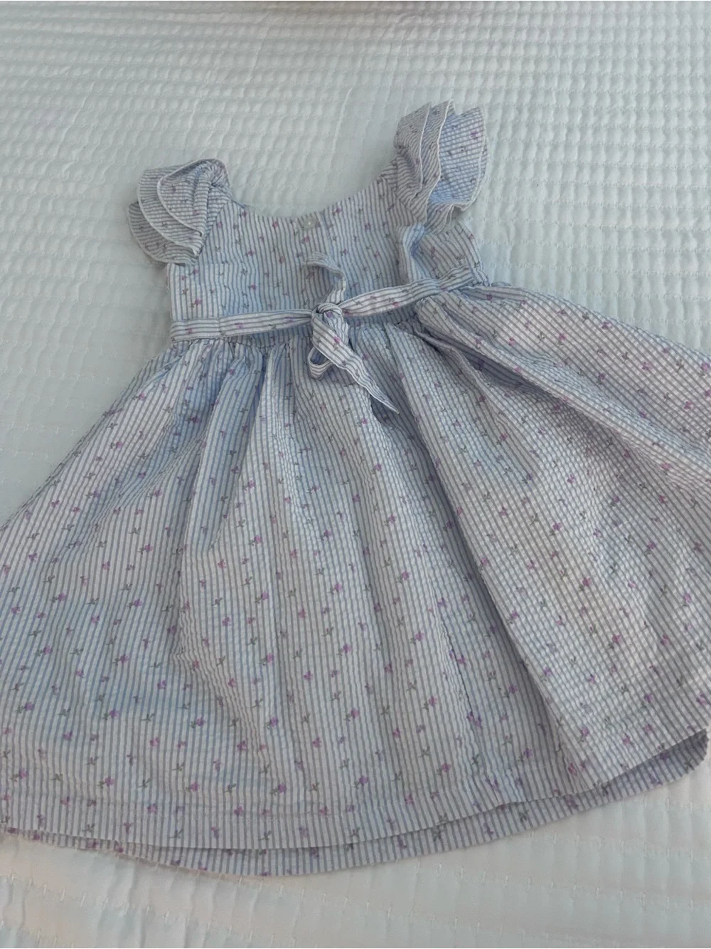 Blueberi Boulevard Girls' Light Blue Striped Dress w Pink Floral Dots. Size 4T